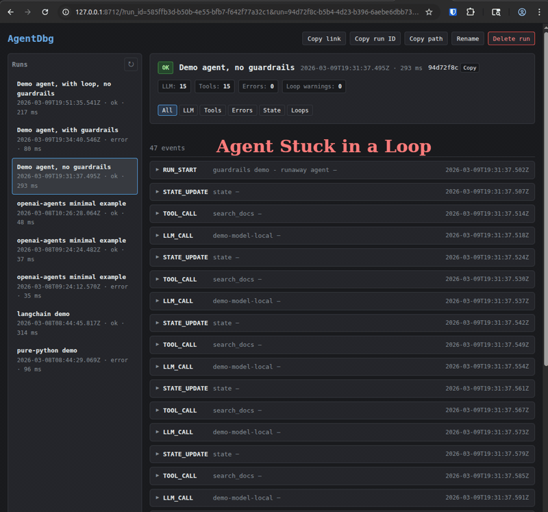 Guardrails and loop abort behavior in AgentDbg UI